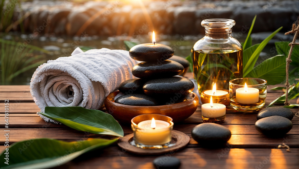 Towel, cosmetic oil, candle black stones leaves, spa concept Towel, cosmetic oil, candle black stones leaves, spa concept