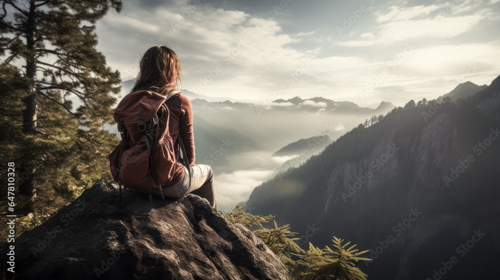She stands atop a mountain, captivated by the beauty of the surrounding scenery. She stands atop a mountain, captivated by the beauty of the surrounding scenery.