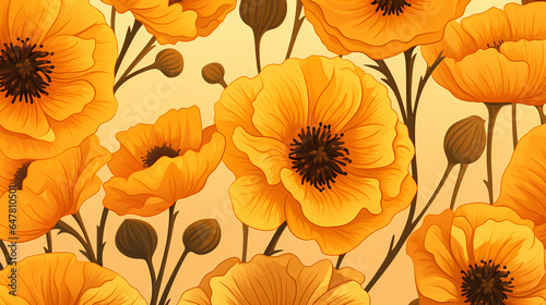 nature textured marigold flowers seamless patter  vivid color background  flat minimalist vector illustrations
