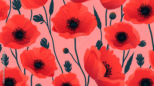 nature textured poppy flowers seamless patter, vivid color background, flat minimalist vector illustrations
