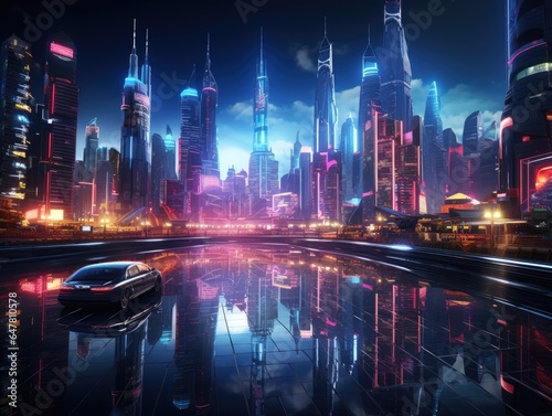 Cyberpunk city illuminated by neon lights and augmented reality displays Generative AI