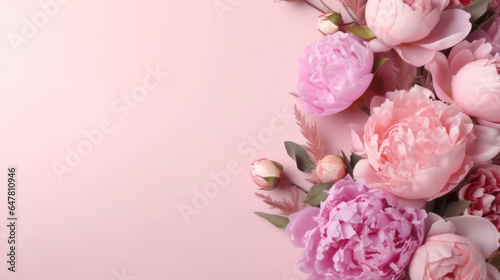 Beautiful peony flowers on pink background  flat lay. Space for text