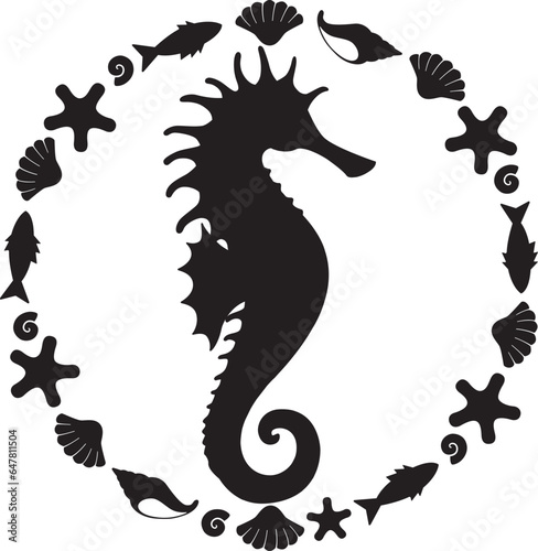 Seahorse silhouette of a sea animal in a round frame - vector template for printing or cutting. Seahorse animal composition on a marine theme