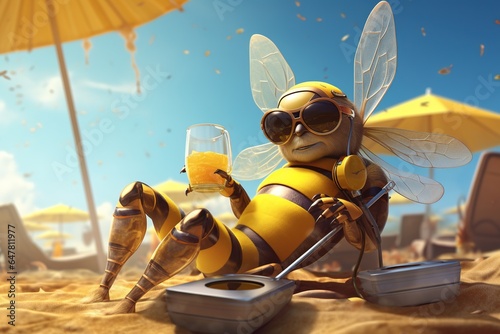 A fantastic bee with a  glass of cocktail lies on the beach under an umbrella  © Варвара Гиделюк