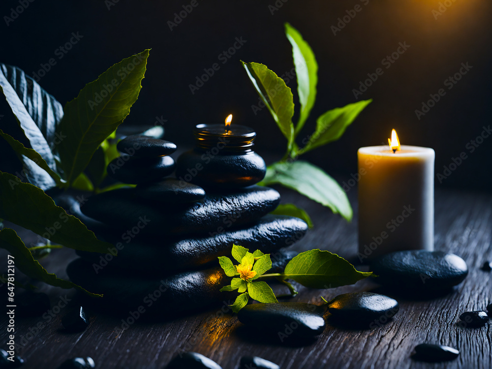 cosmetic oil, candle black stones leaves, spa concept