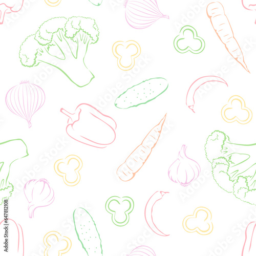 Vegetables seamless pattern. Line art vector illustration. Healthy organic food background.