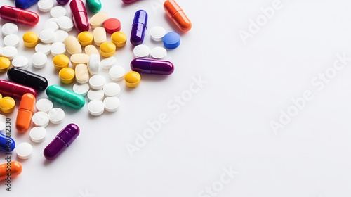 Colorful pills, tablets, capsules close-up, on white background. Banner with copy space. Pharmaceutical Industry Day. World Pharmacy Day
