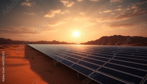 Solar panel on desert sun rising concept