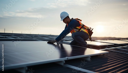 Solar panel installation services. Man work on roof of home installing solar panel