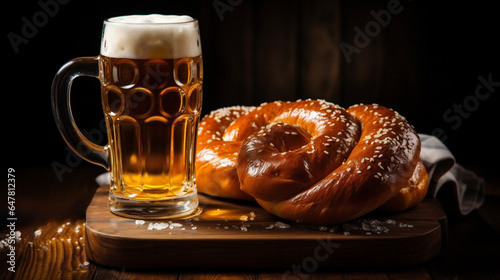 Oktoberfest beer mug and pretzel on a wooden table