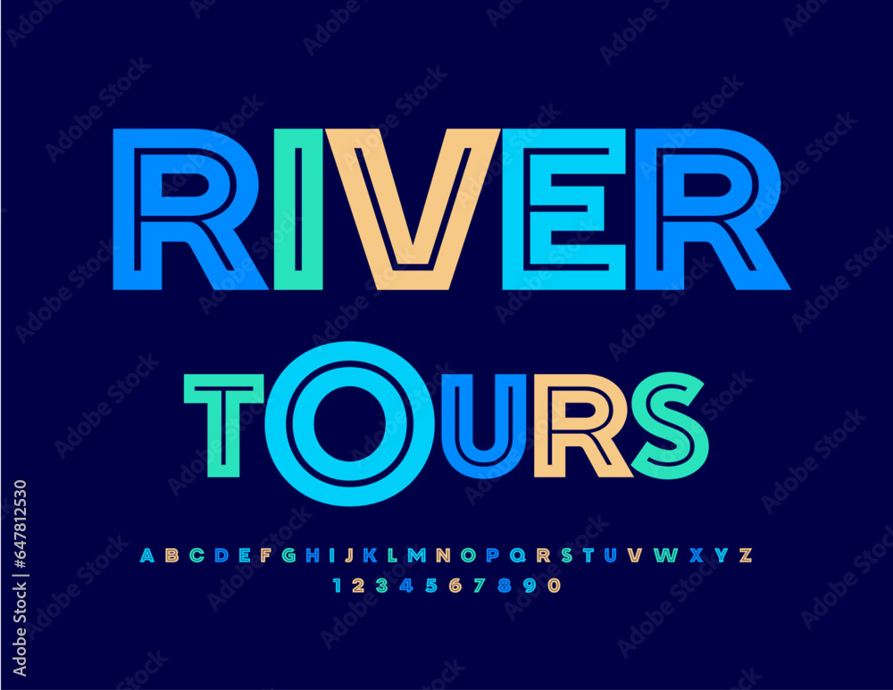 Vector trendy logo River Tours. Creative bright Font. Artistic Alphabet Letters and Numbers set