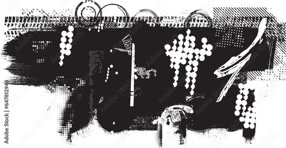 Fototapeta premium Glitch distorted grange shape . Noise grungy logo . Trendy defect error shapes . Glitched frame .Grunge textured . Distressed effect .Vector shapes with a halftone dots screen print texture.