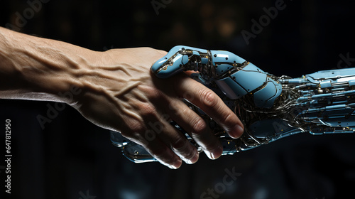 Connection Through Technology: Person Holding a Robotic Hand in a Symbolic Gesture of Friendship © vitpluz