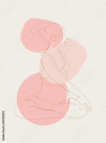 Minimalist poster of yoga. Continuous Line art poster, yoga pose, woman doing yoga on colored spots. Boho continuous line yoga exercise art print. 