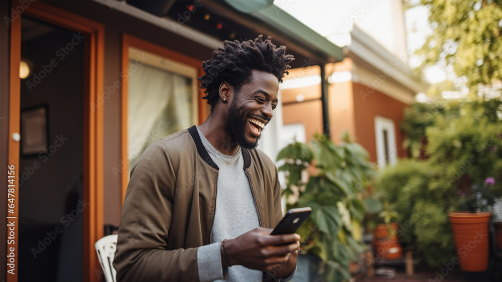 Fototapeta premium Black man laughing with phone in hand 2