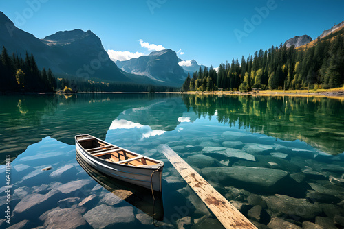 Boats on the Braies Lake in Dolomites mountains, Sudtirol, Italy