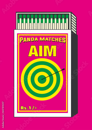 aim, ambition, aspiration, desire, direction, intention shooting arrow in Matchbox, matches vector illustration. Vintage or antique packaging design. retro style packaging. Indian art old style design