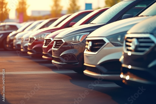 Parking lot with row of new cars, close-up.