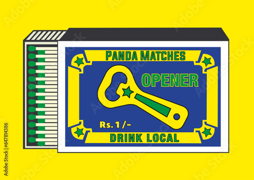Bottle Opener (chabi, key) illustration in Matchbox and matches vector. Vintage and antique matchbox packaging design illustration. retro style packaging. old style design. open box and template
