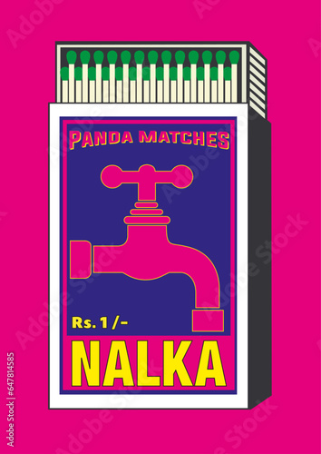 Tap, valve, spout, stopcock, spile, faucet, spigot, wire, bug, in Matchbox, matches vector illustration. Vintage or antique packaging design. retro style packaging. Indian art old style design