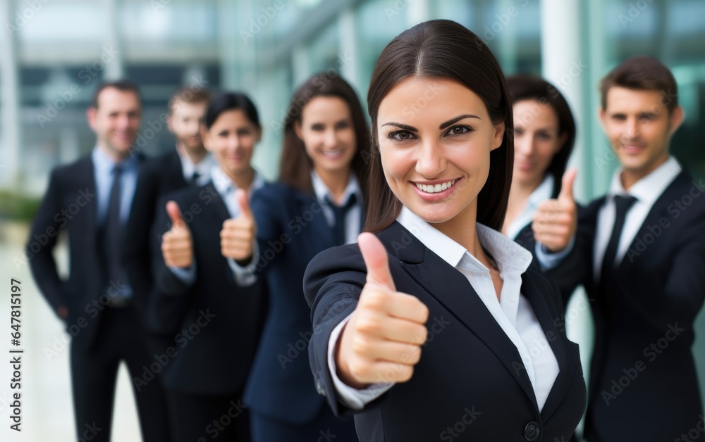 Business woman showing thumbs up sign in front of business team. Generative AI Business woman showing thumbs up sign in front of business team. Generative AI