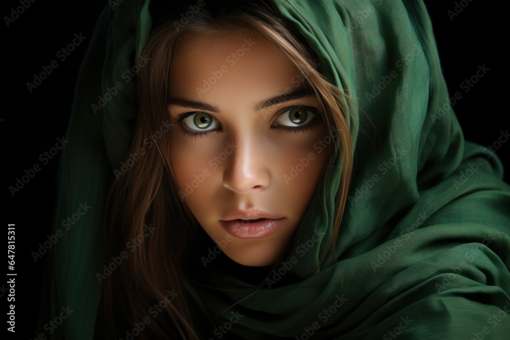 Portrait of persian young woman in a traditional folk style, scarf hijab Portrait of persian young woman in a traditional folk style, scarf hijab