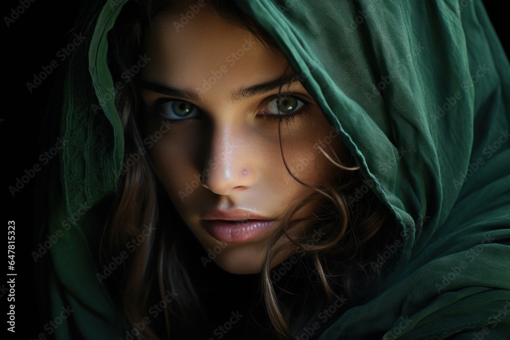 Portrait of persian young woman in a traditional folk style, scarf hijab Portrait of persian young woman in a traditional folk style, scarf hijab
