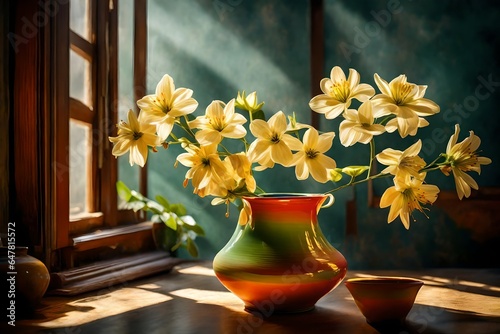 close up view , jasemine flower, in a color ful vase, of ceramic, in a lounch , near window, absorbing sunlight photo