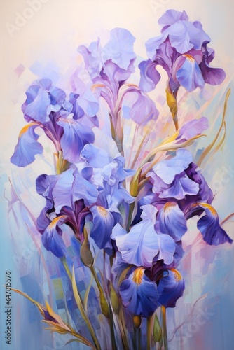 Blue Irises floral wall art poster in abstract oil painting style