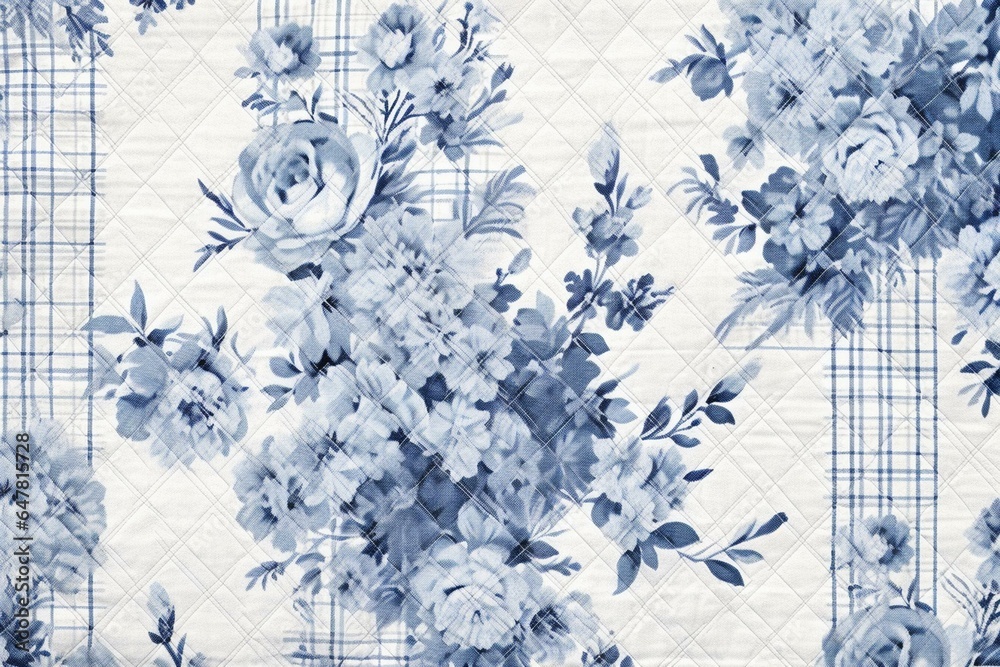 Printed fabric with a French blue quilt pattern for shabby chic decor. Linen seamless background with rustic farmhouse and country cottage vibes. Generative AI - obrazy, fototapety, plakaty 