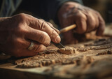 Close up of a carpenter working on a wooden table in his workshop