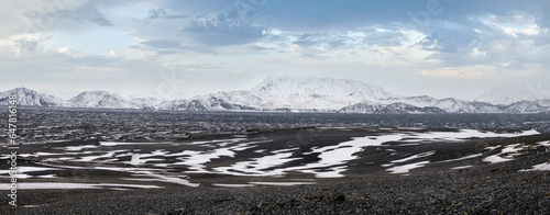 Iceland highlands autumn ultrawide view. Lava fields of volcanic sand in foreground. Hrauneyjalon lake and volkanic snow covered mountains in far. photo