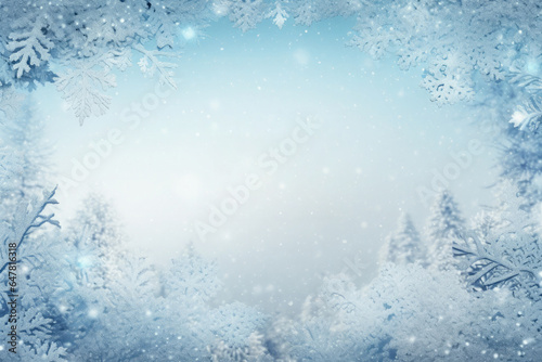 Frosty frame and snowflakes on a blue snowy forest background. Empty space in the center for product placement or advertising text.