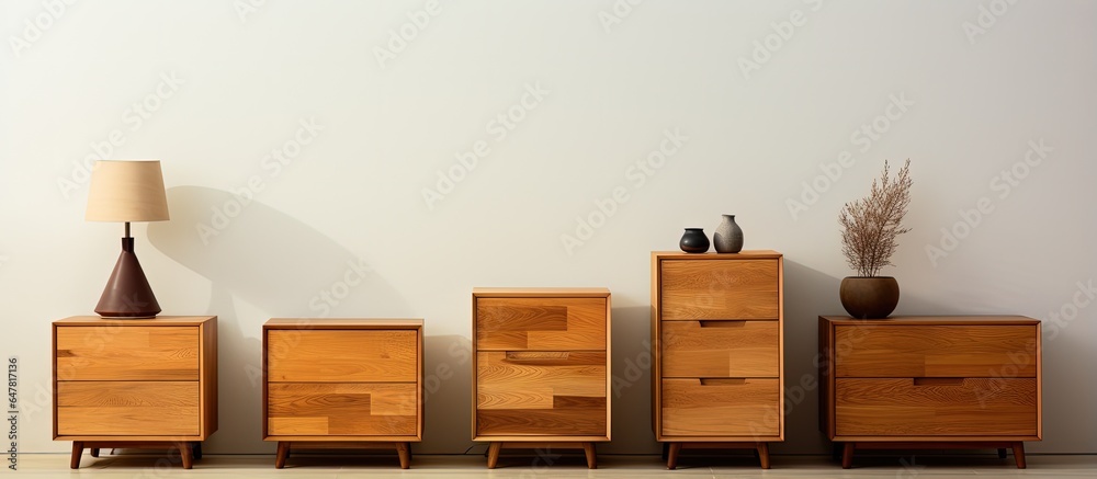 Contemporary white background furniture set with wooden drawers - obrazy, fototapety, plakaty 