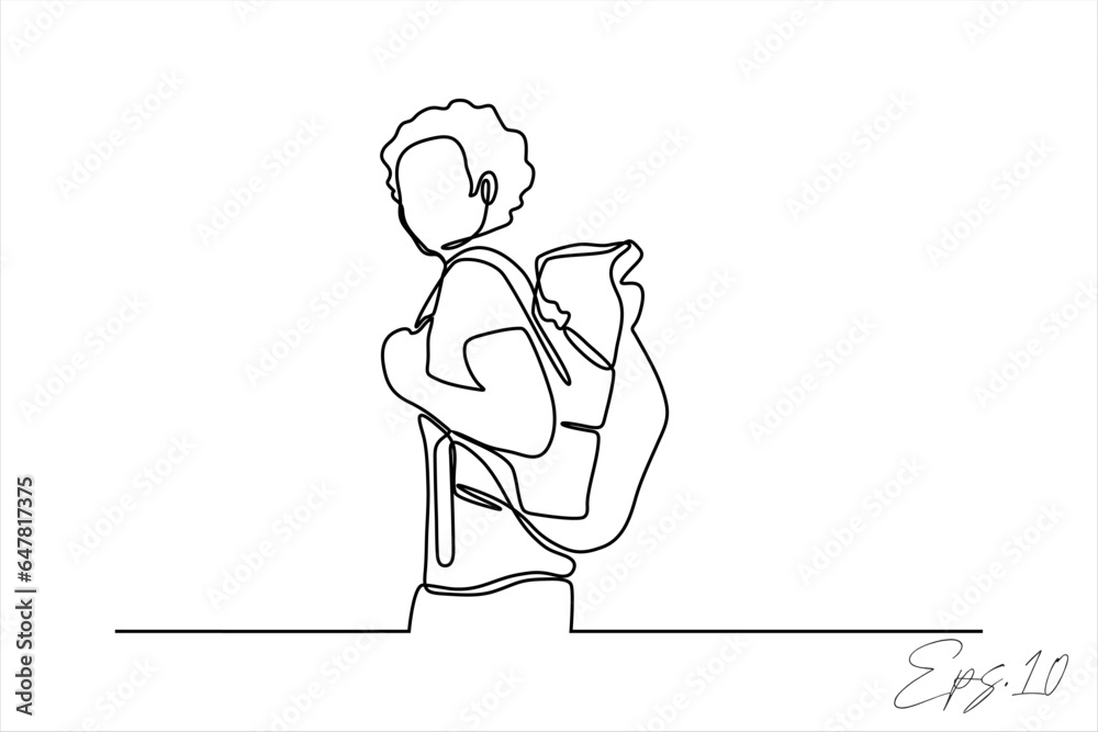 a line drawing of a person with a backpack sitting on a chair