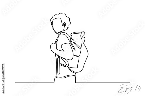 a line drawing of a person with a backpack sitting on a chair