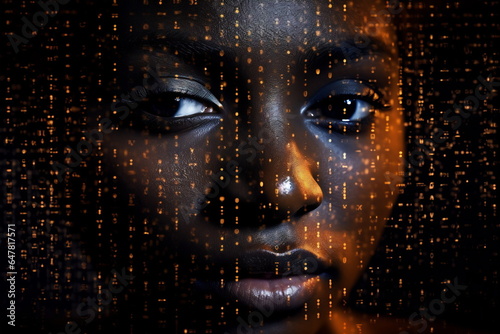 Black woman face with digital matrix numbers. Artificial intelligence. AI theme with a female human face