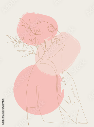 Feminine woman with flowers with minimal line art concept. Line art of beautiful woman's face and flowers. Continuous line art in minimalistic style for prints, tattoos, posters, textile, cards etc. 