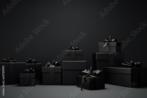 schwarze Geschenkpakete auf schwarzem Hintergrund, black Friday photo