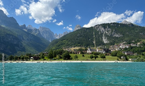 panorama of lake and mountains, Lake Molveno Italy 