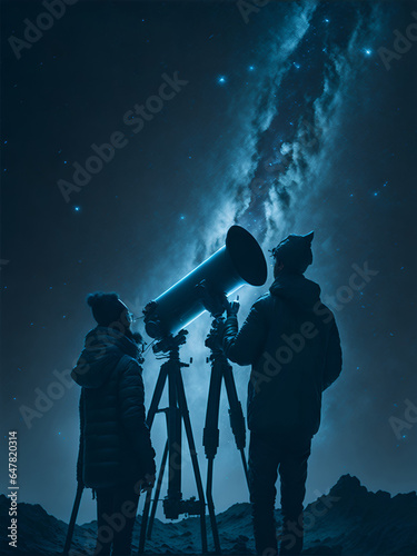 Astronomers and astrophysicists using powerful telescopes to explore the mysteries of the night sky. AI Generated