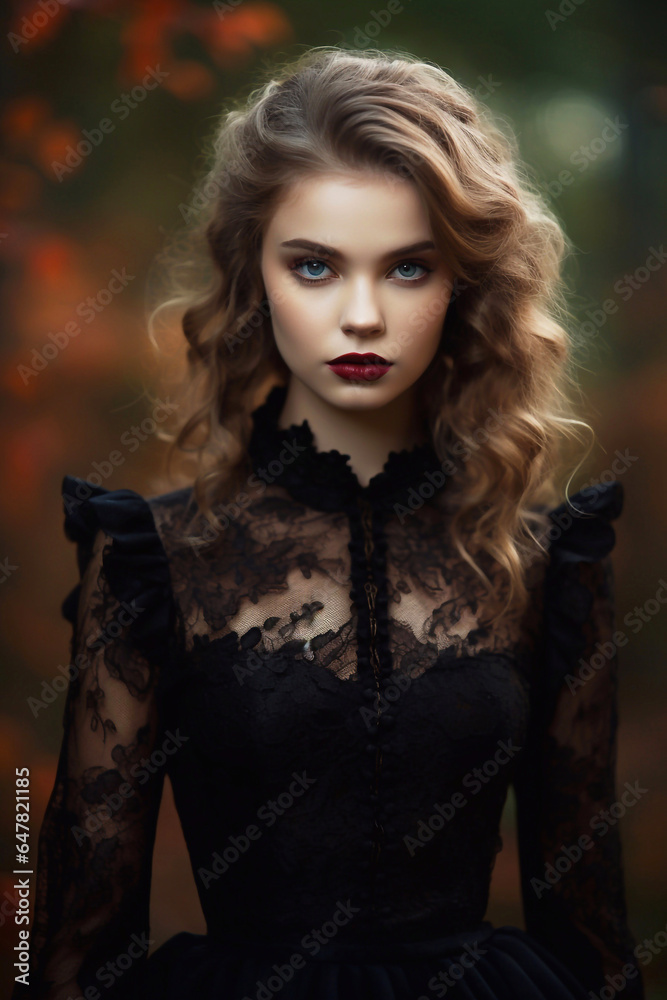 Fashion portrait of young beautiful woman in black lace dress.