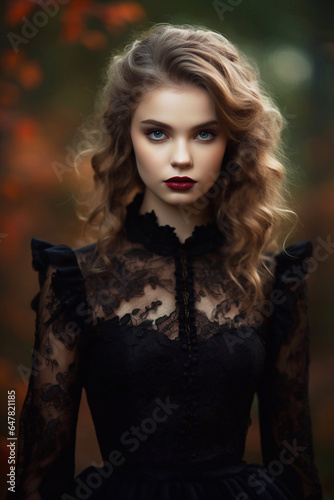 Fashion portrait of young beautiful woman in black lace dress.