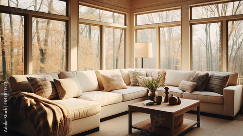 Cozy living room with comfortable furniture, large windows, a view of nature. Modern and inviting warm beige color. Banner