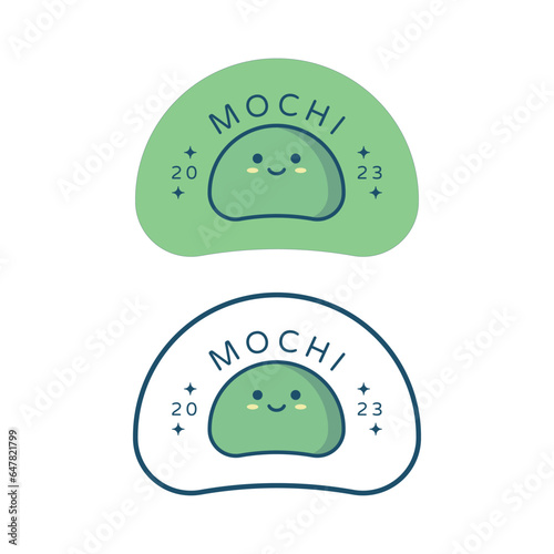 Japanese Cute Mochi Sweets Food Vector Logo with Stars. Character Flat Design Label Illustration, Stamp, Badge for Packaging, Branding Identity, Wallpaper, Web, Banner, Card.