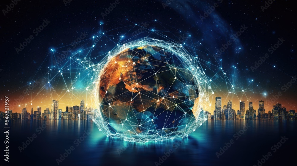 Fototapeta premium Global network connection over the world 3D rendering on cityscape background