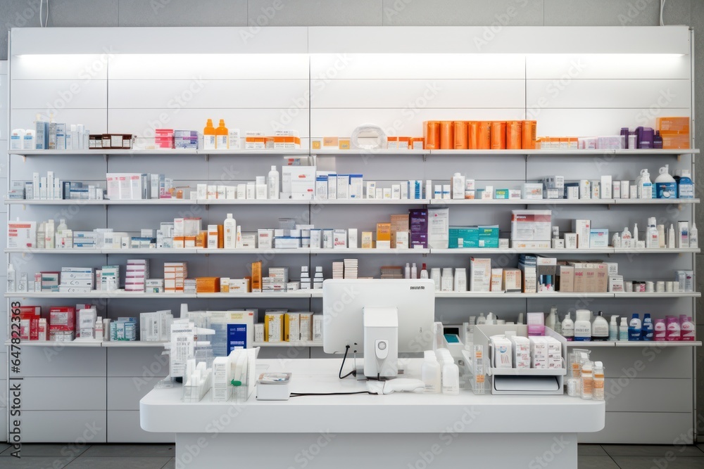 A pharmacy desk featuring a computer and an array of medicine bottles. This image is ideal for illustrating a modern pharmacy setting or the pharmaceutical industry. A pharmacy desk featuring a computer and an array of medicine bottles. This image is ideal for illustrating a modern pharmacy setting or the pharmaceutical industry.