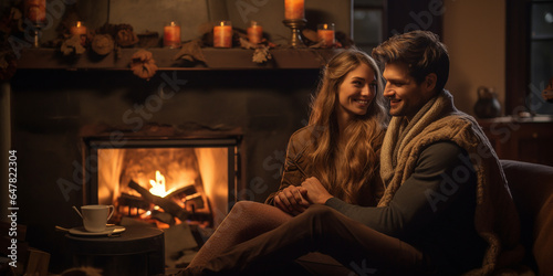 Cozy autumn couple sitting in front of fireplace