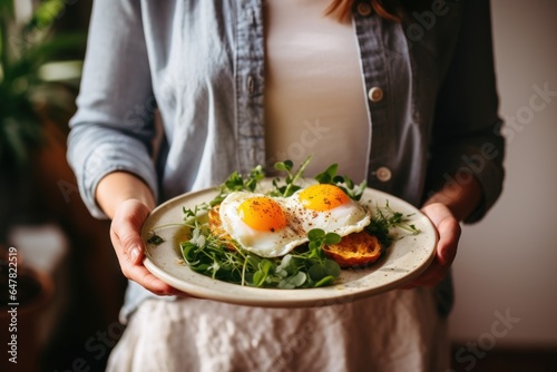 A woman is pictured holding a plate of food with a perfectly cooked egg on it. This image can be used to showcase healthy eating, breakfast ideas, or cooking concepts.