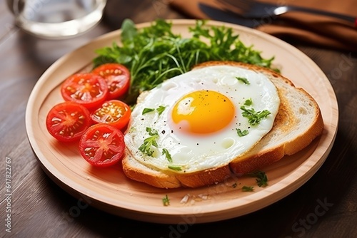 A plate topped with a fried egg and fresh tomatoes. Perfect for a healthy breakfast or brunch option.